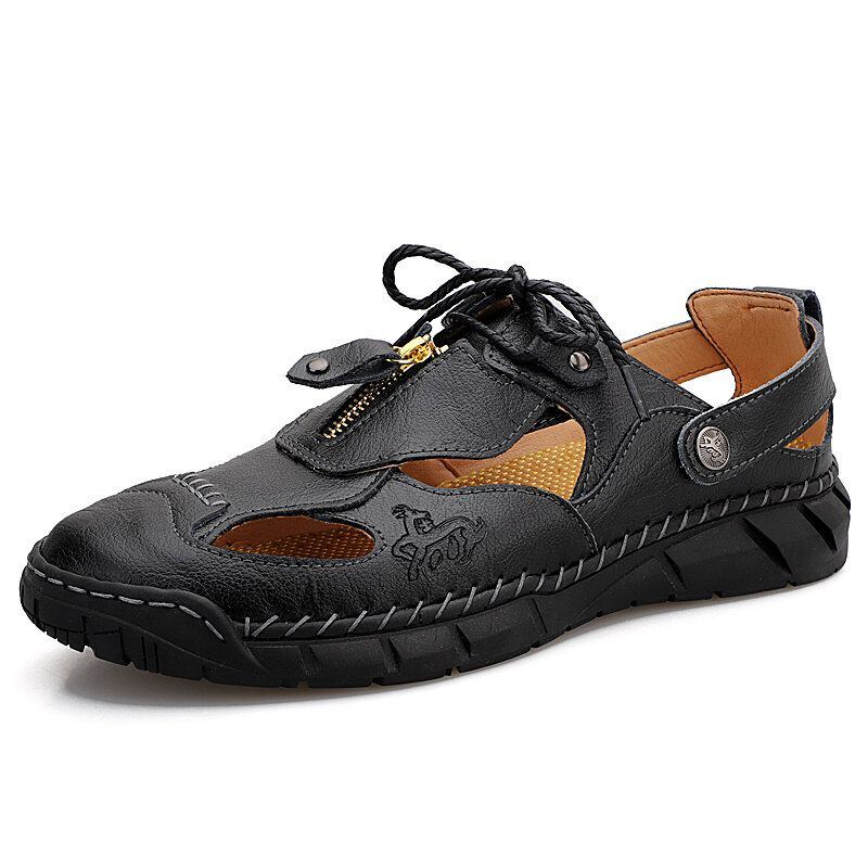 Atmungsaktive Ausgehöhlte Slip On Sandalen Aus Rindsleder Mit Handnähten Für Herren