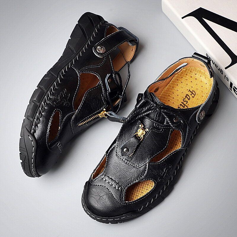 Atmungsaktive Ausgehöhlte Slip On Sandalen Aus Rindsleder Mit Handnähten Für Herren