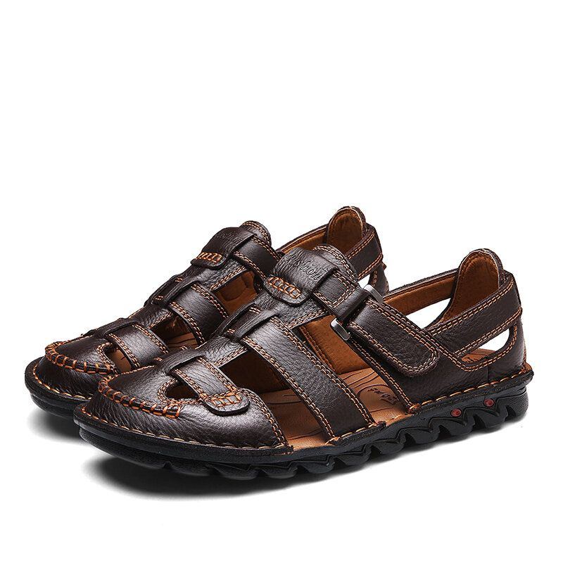 Atmungsaktive Herren Sandalen Aus Echtem Leder Mit Klettverschluss