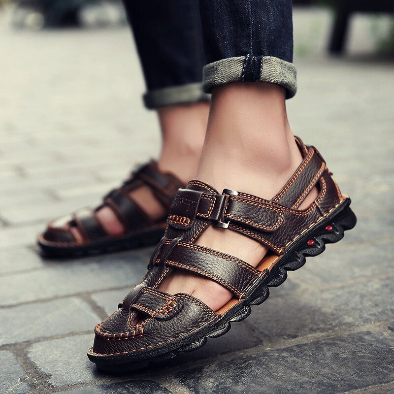 Atmungsaktive Herren Sandalen Aus Echtem Leder Mit Klettverschluss