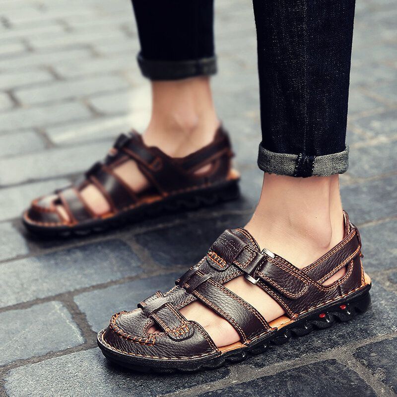 Atmungsaktive Herren Sandalen Aus Echtem Leder Mit Klettverschluss