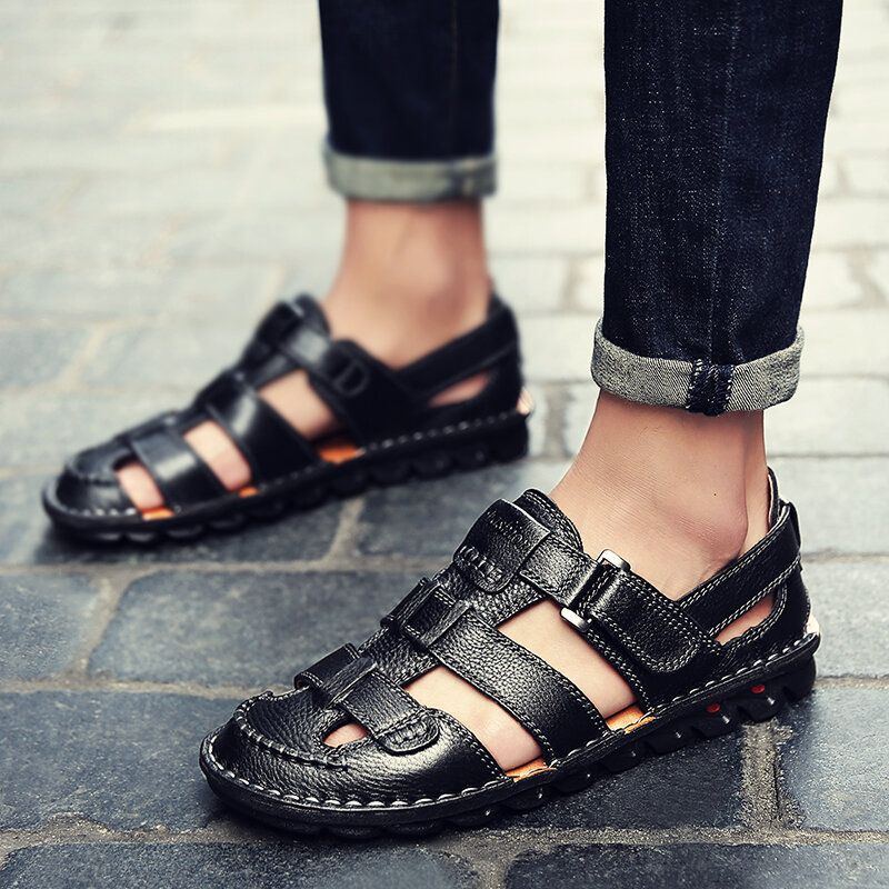 Atmungsaktive Herren Sandalen Aus Echtem Leder Mit Klettverschluss