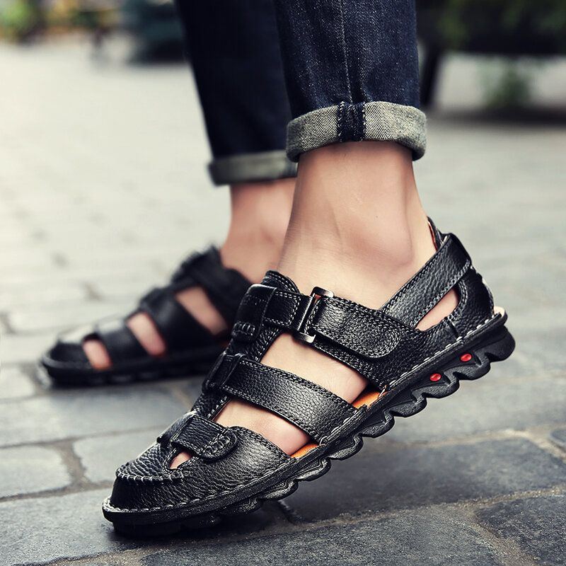 Atmungsaktive Herren Sandalen Aus Echtem Leder Mit Klettverschluss