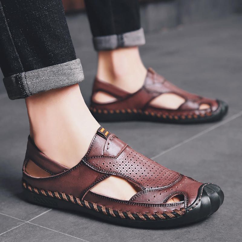 Atmungsaktive Herrensandalen Aus Echtem Leder Mit Handgenähten Nähten