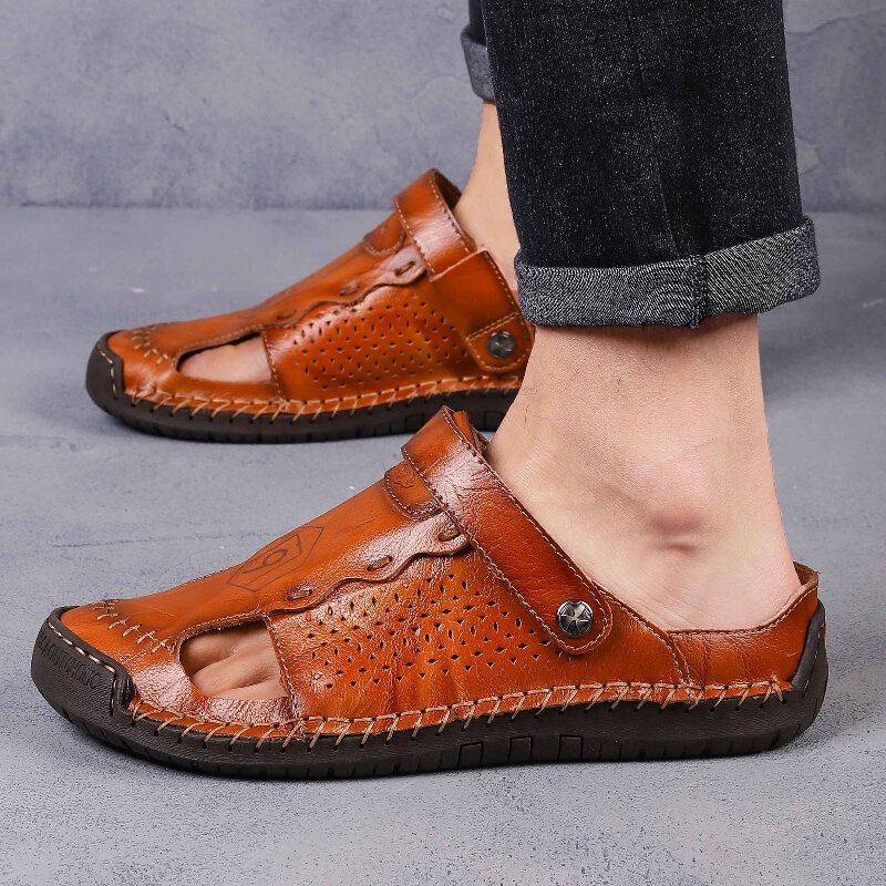 Atmungsaktive Rutschfeste Bequeme Lässige Outdoor Sandalen Aus Leder Für Herren Mit Geschlossener Zehenpartie