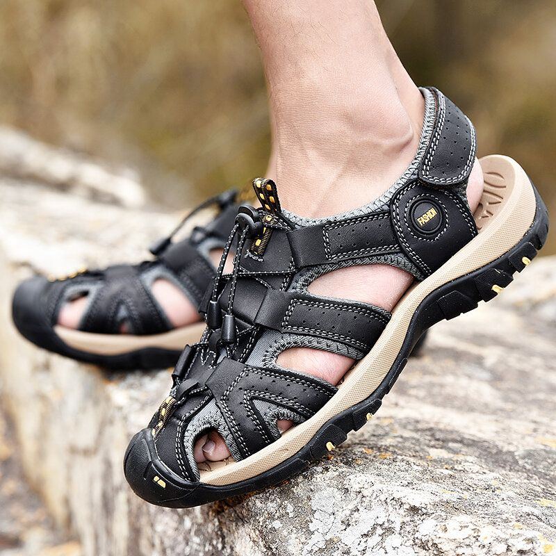 Atmungsaktive Rutschfeste Herren Rindsleder Sandalen Mit Geschlossener Zehenpartie