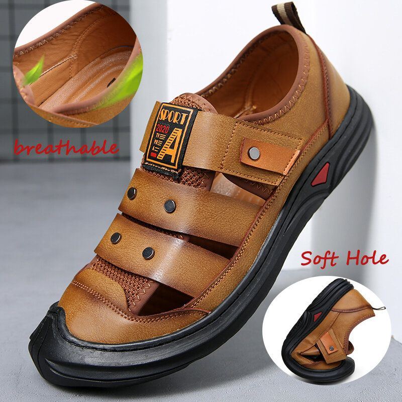 Atmungsaktive Zehenschutz Strand Outdoor Sandalen Aus Leder Für Herren Mit Weichem Boden