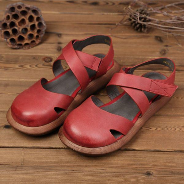 Ausgehöhlte Handgefertigte Ledersandalen Für Damen