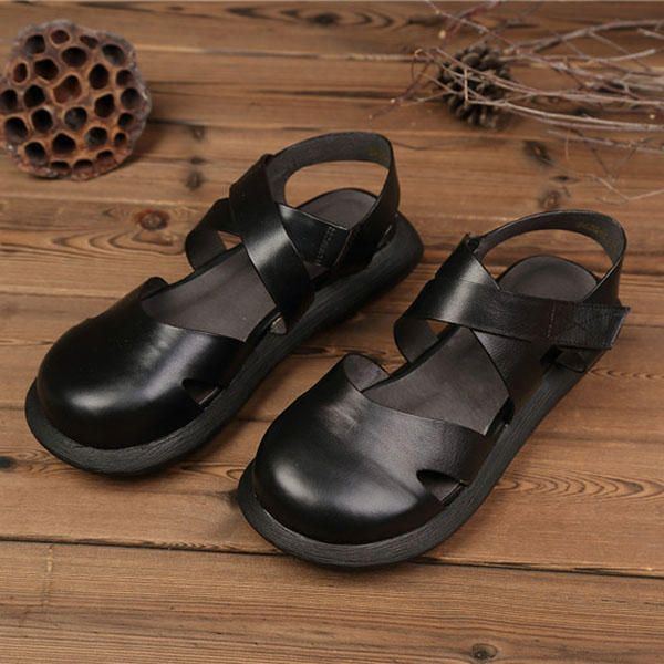 Ausgehöhlte Handgefertigte Ledersandalen Für Damen