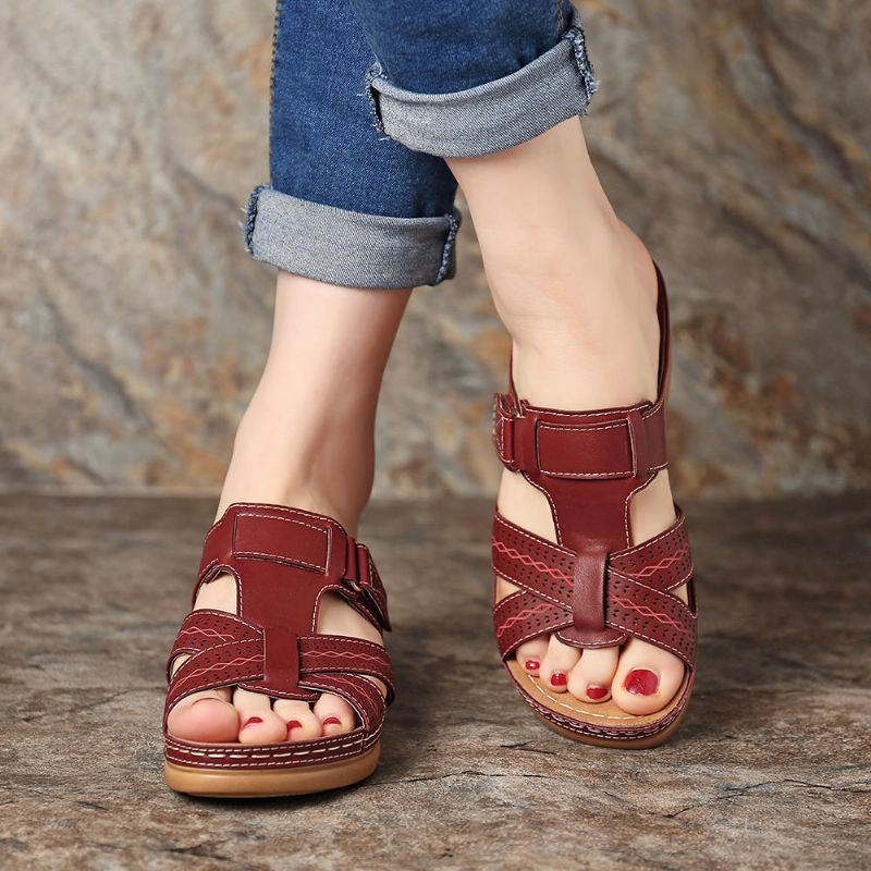 Bequeme Damen Sandalen Mit Hakenschlaufe Und Keilabsatz