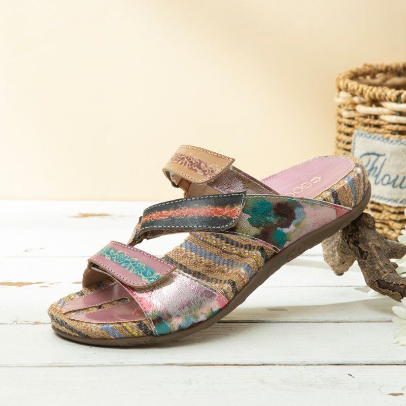 Bequeme Flachstreifen Zehensandalen Aus Leder Mit Retro Blumendruck Für Damen