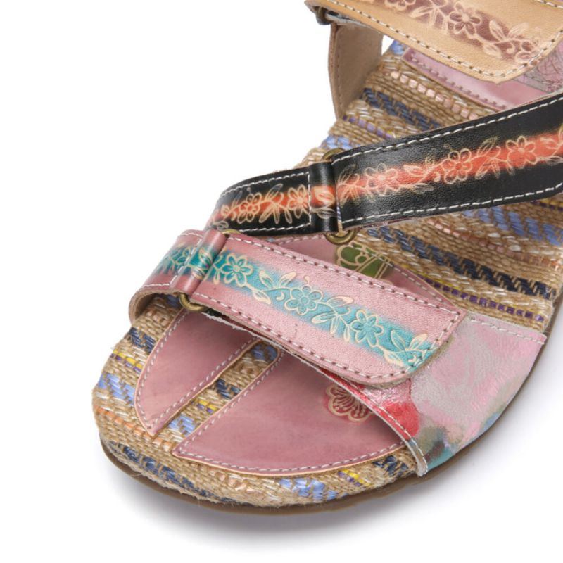 Bequeme Flachstreifen Zehensandalen Aus Leder Mit Retro Blumendruck Für Damen