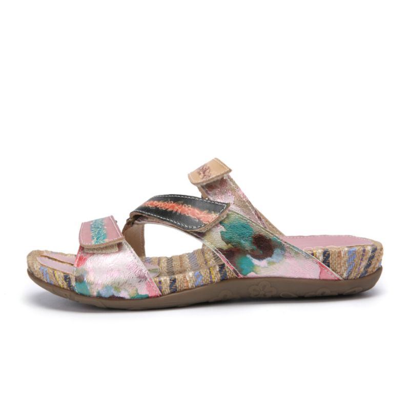 Bequeme Flachstreifen Zehensandalen Aus Leder Mit Retro Blumendruck Für Damen