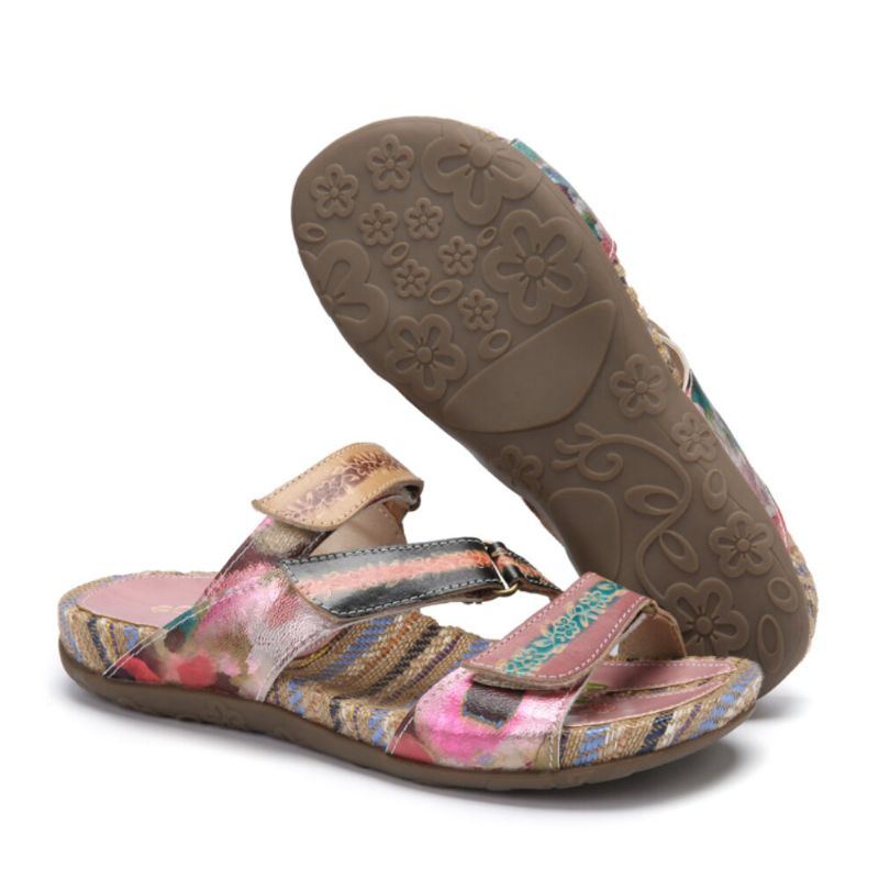 Bequeme Flachstreifen Zehensandalen Aus Leder Mit Retro Blumendruck Für Damen