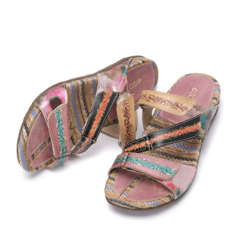 Bequeme Flachstreifen Zehensandalen Aus Leder Mit Retro Blumendruck Für Damen