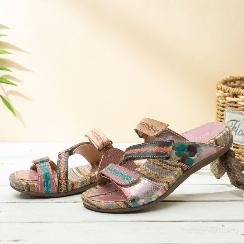 Bequeme Flachstreifen Zehensandalen Aus Leder Mit Retro Blumendruck Für Damen