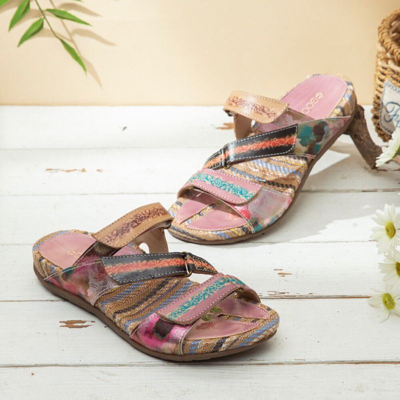 Bequeme Flachstreifen Zehensandalen Aus Leder Mit Retro Blumendruck Für Damen