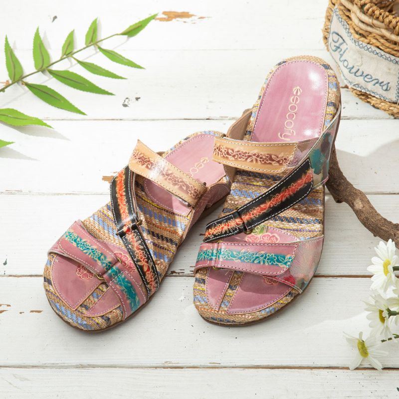 Bequeme Flachstreifen Zehensandalen Aus Leder Mit Retro Blumendruck Für Damen