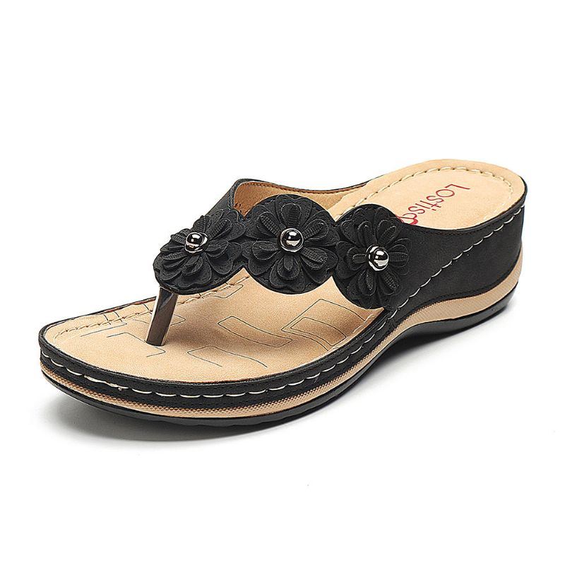 Bequeme Flip Flop Blumen Keilsandalen Für Damen