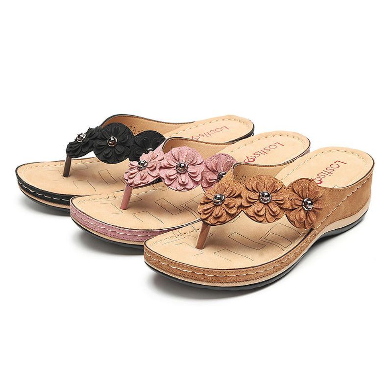 Bequeme Flip Flop Blumen Keilsandalen Für Damen