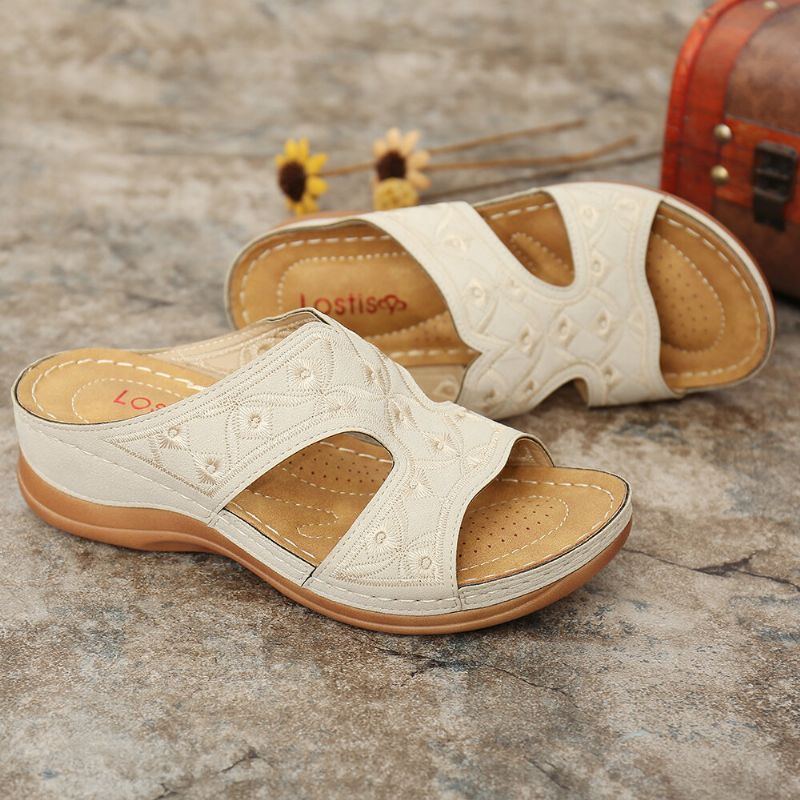 Bequeme Lässige Sommer Sandalen Mit Keilabsatz Und Offener Spitze Bestickt