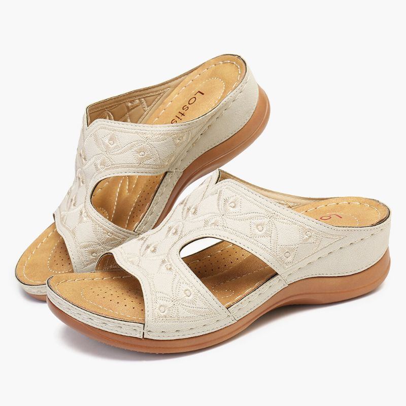 Bequeme Lässige Sommer Sandalen Mit Keilabsatz Und Offener Spitze Bestickt