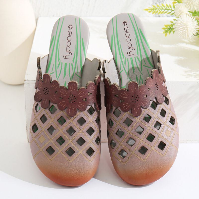 Bequeme Mit Blumenmuster Verzierte Damen Mules Aus Leder Mit Runder Zehenpartie Zum Hineinschlüpfen Flache Schuhe