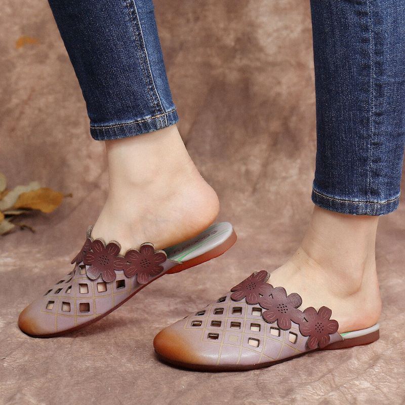 Bequeme Mit Blumenmuster Verzierte Damen Mules Aus Leder Mit Runder Zehenpartie Zum Hineinschlüpfen Flache Schuhe