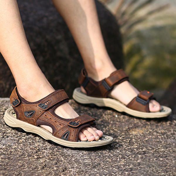 Bequeme Outdoor Sandalen Aus Leder Mit Hakenschlaufe Für Herren