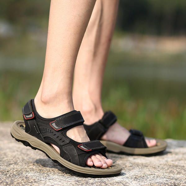 Bequeme Outdoor Sandalen Aus Leder Mit Hakenschlaufe Für Herren