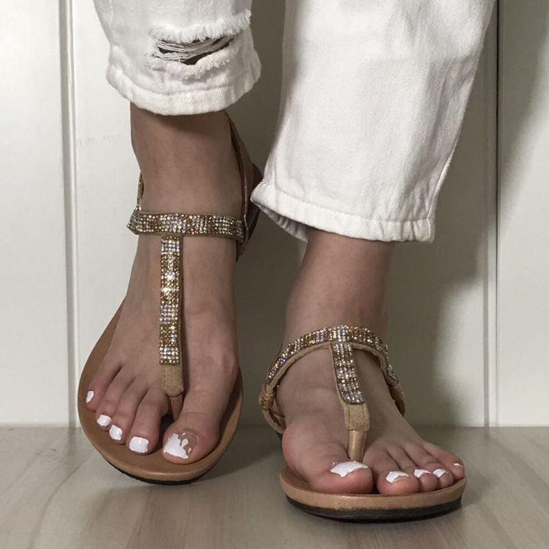 Bequeme Rutschfeste Strand Clip Toe Sandalen Für Damen Mit Strass Schnallenriemen