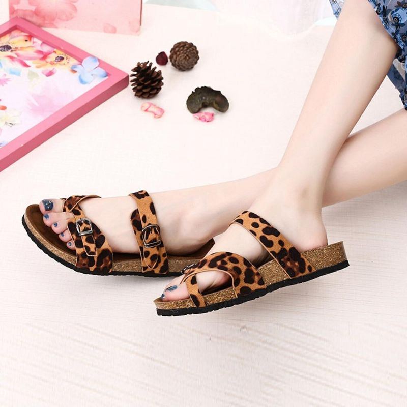 Bequeme Strandsandalen Mit Flachem Zehenring Und Schnallenriemen Für Damen Mit Leopardenmuster