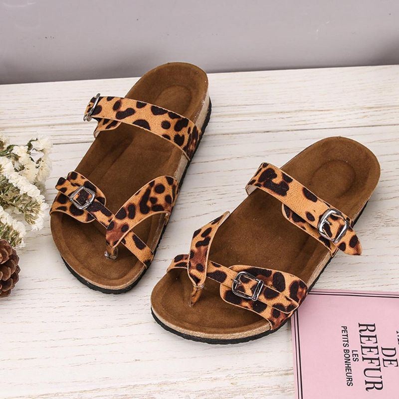 Bequeme Strandsandalen Mit Flachem Zehenring Und Schnallenriemen Für Damen Mit Leopardenmuster