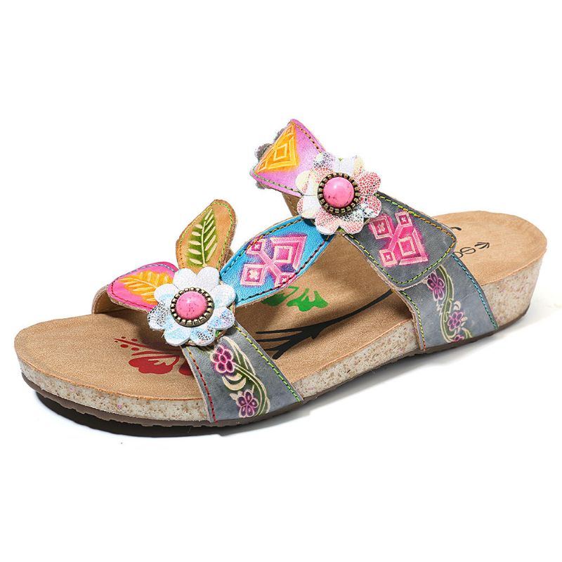 Bequeme Wedge Sandalen Aus Echtem Leder Mit Blumenmuster Für Damen