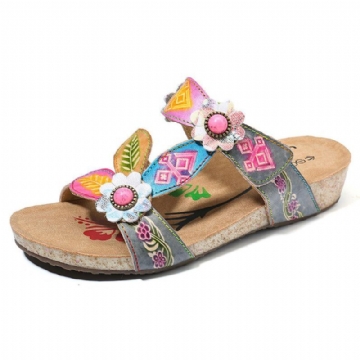 Bequeme Wedge Sandalen Aus Echtem Leder Mit Blumenmuster Für Damen