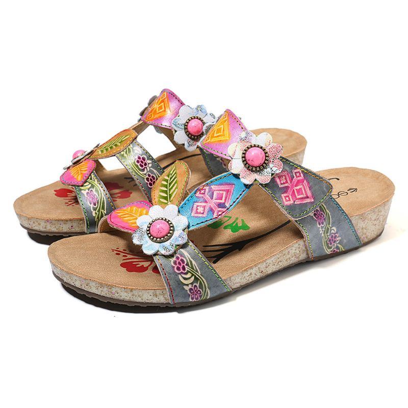 Bequeme Wedge Sandalen Aus Echtem Leder Mit Blumenmuster Für Damen