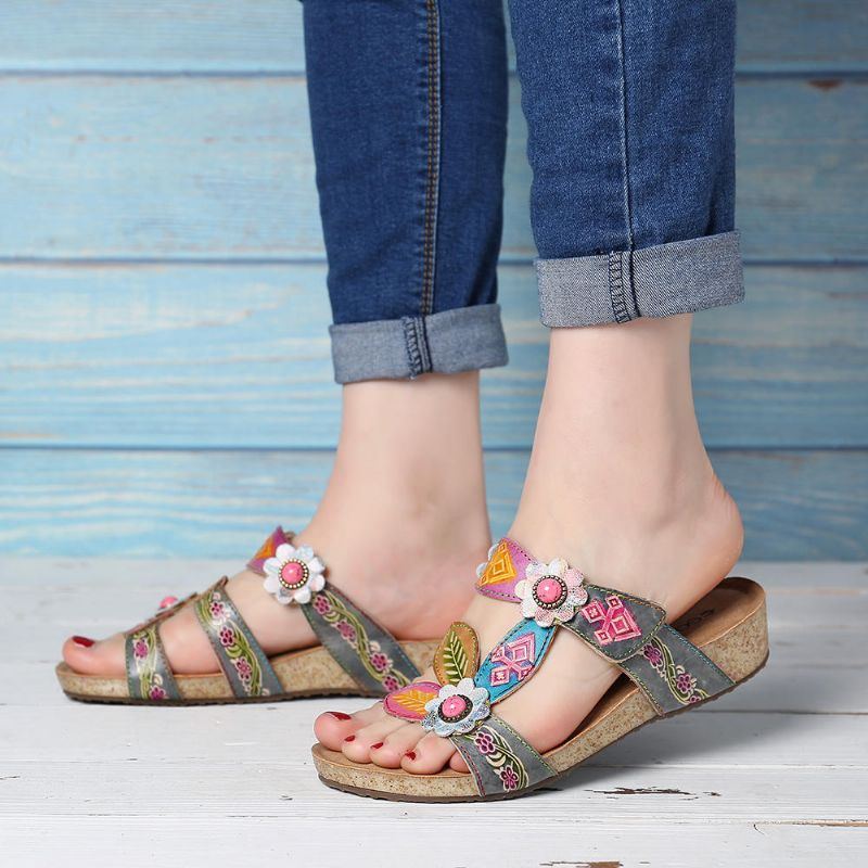 Bequeme Wedge Sandalen Aus Echtem Leder Mit Blumenmuster Für Damen