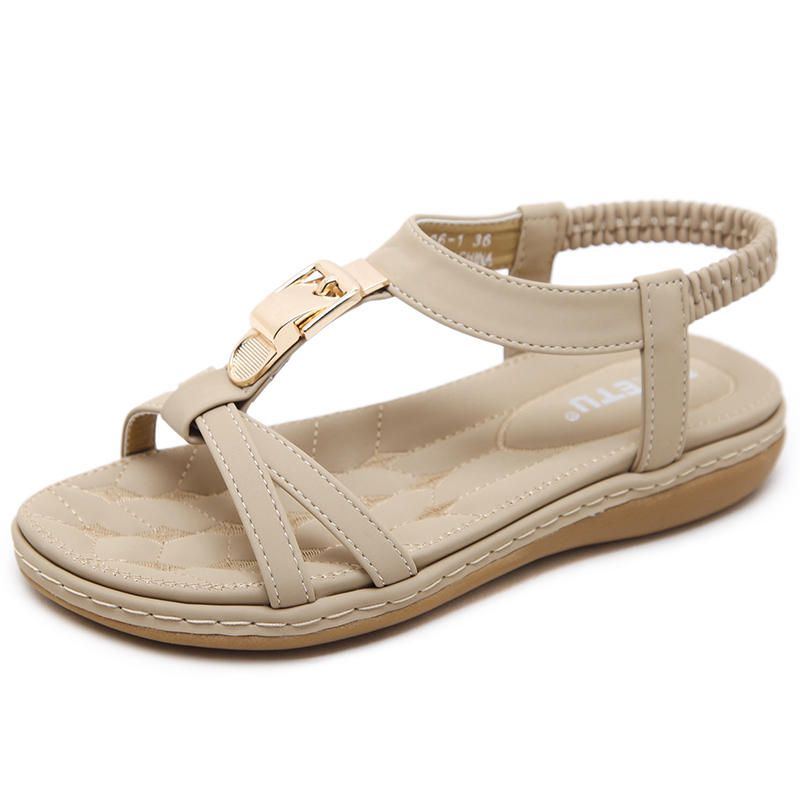 Bequeme Weiche Flache Damensandalen Zum Hineinschlüpfen Mit Metall T Riemen