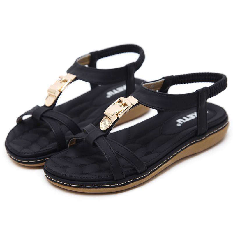 Bequeme Weiche Flache Damensandalen Zum Hineinschlüpfen Mit Metall T Riemen