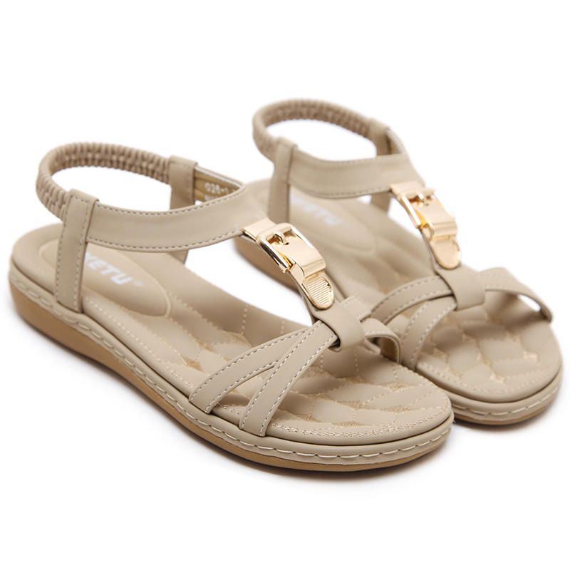 Bequeme Weiche Flache Damensandalen Zum Hineinschlüpfen Mit Metall T Riemen