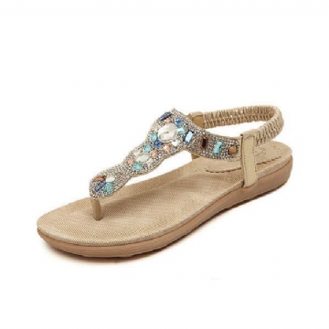 Böhmische Perle Strass Elastische Strand Flache Sandalen Peep Toe Flip Flops Für Damen