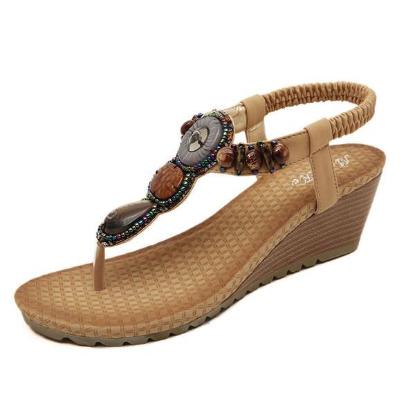 Böhmische Perlenkeil Strandsandalen Für Damen Zum Hineinschlüpfen Flip Flops Elastische Peep Toe Keile