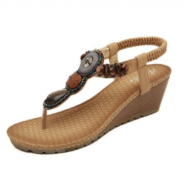 Böhmische Perlenkeil Strandsandalen Für Damen Zum Hineinschlüpfen Flip Flops Elastische Peep Toe Keile