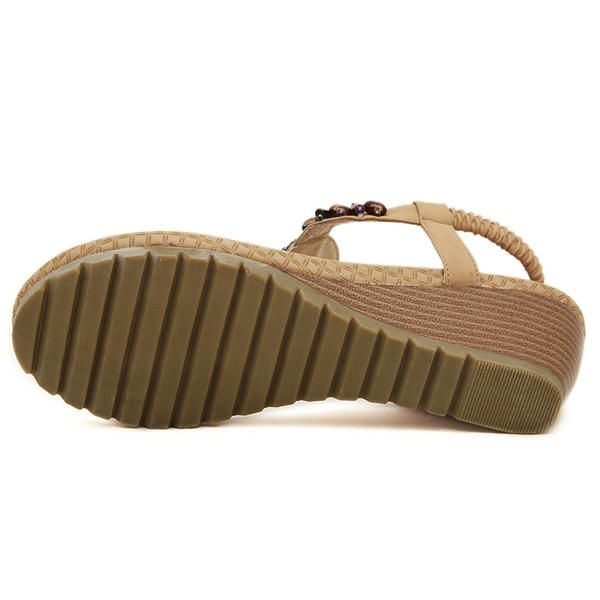 Böhmische Perlenkeil Strandsandalen Für Damen Zum Hineinschlüpfen Flip Flops Elastische Peep Toe Keile