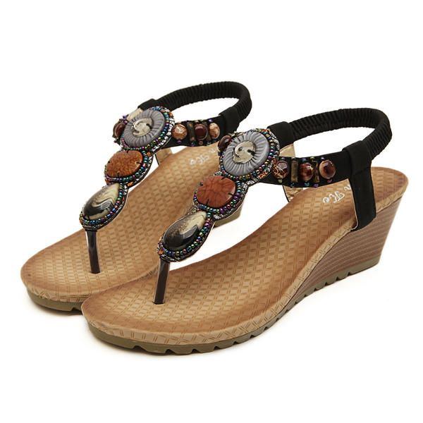 Böhmische Perlenkeil Strandsandalen Für Damen Zum Hineinschlüpfen Flip Flops Elastische Peep Toe Keile