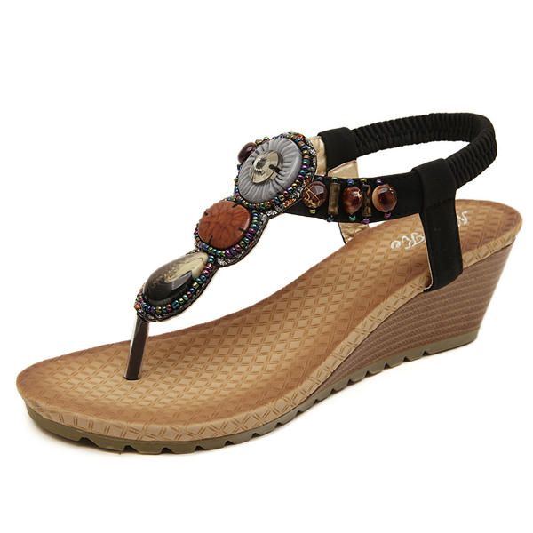 Böhmische Perlenkeil Strandsandalen Für Damen Zum Hineinschlüpfen Flip Flops Elastische Peep Toe Keile