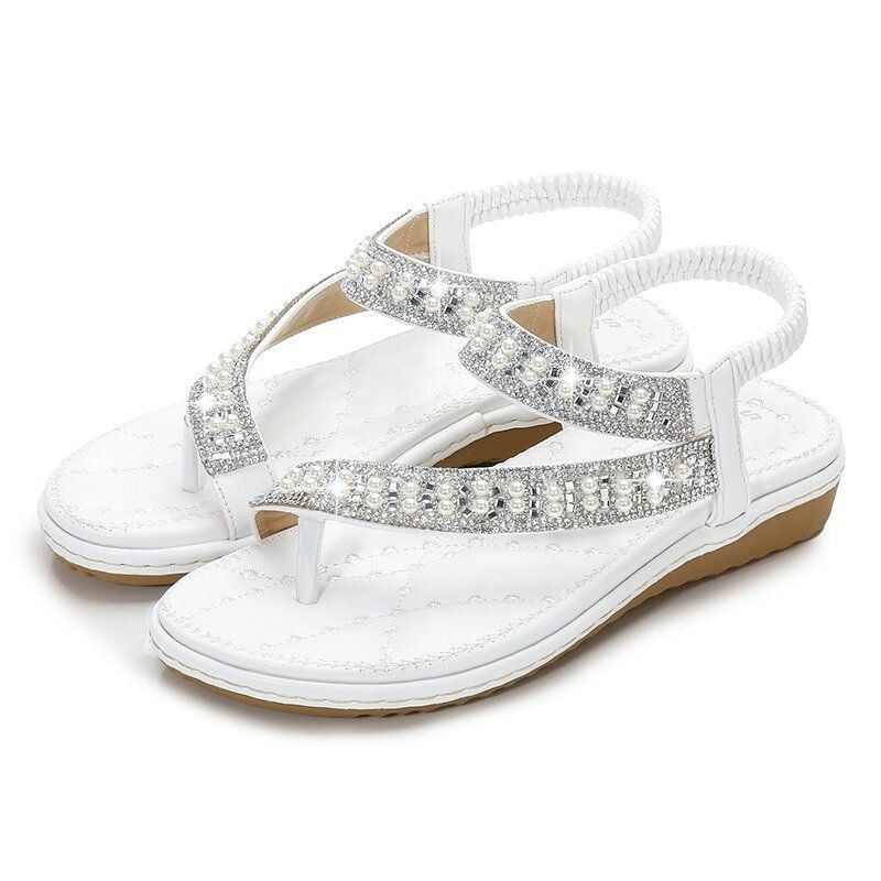 Damen Bohemian Strass Clip Toe Flip Flops Flache Sandalen Mit Weichem Boden