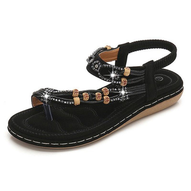 Damen Bohemian Weave Strass Elastic Band Soft Casual Sandalen