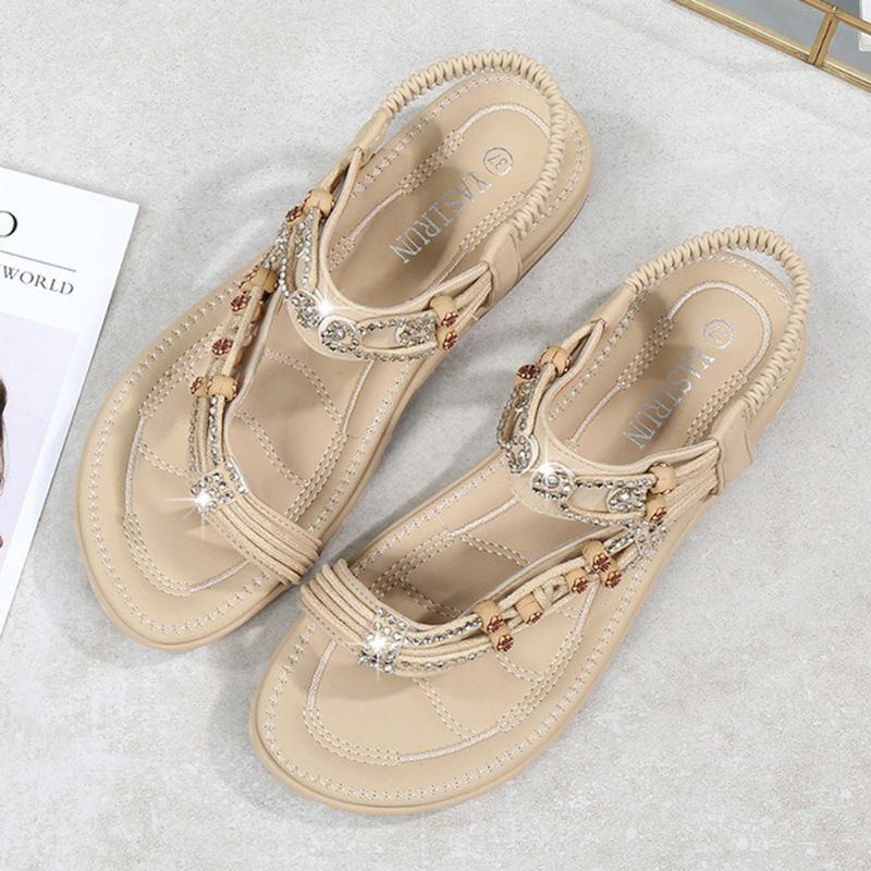 Damen Bohemian Weave Strass Elastic Band Soft Casual Sandalen