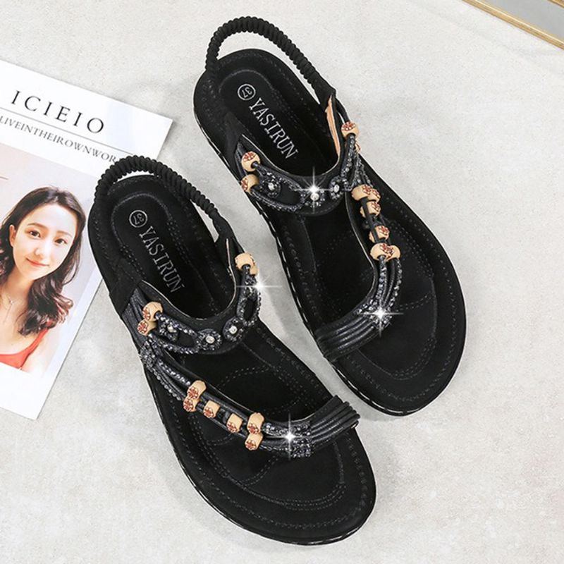 Damen Bohemian Weave Strass Elastic Band Soft Casual Sandalen